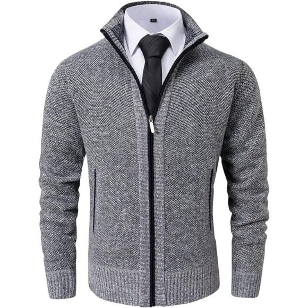 Men Cardigan Sweater Full Zip Stand Collar Slim Fit Knitted Sweater Casual